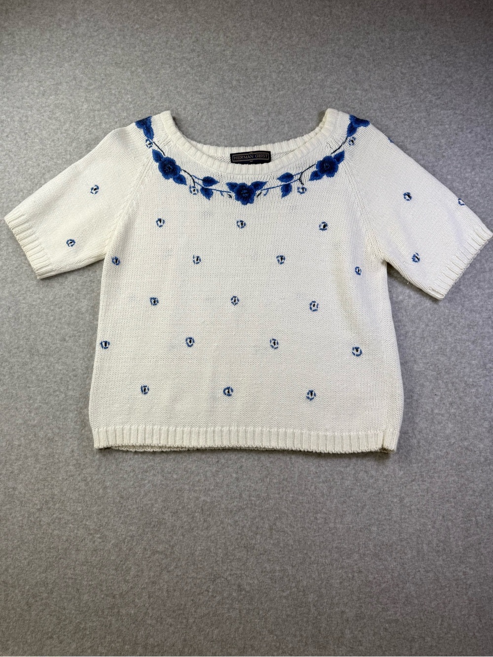 Herman Geist White Knit Sweater Top with Blue Floral Embroidery Medium